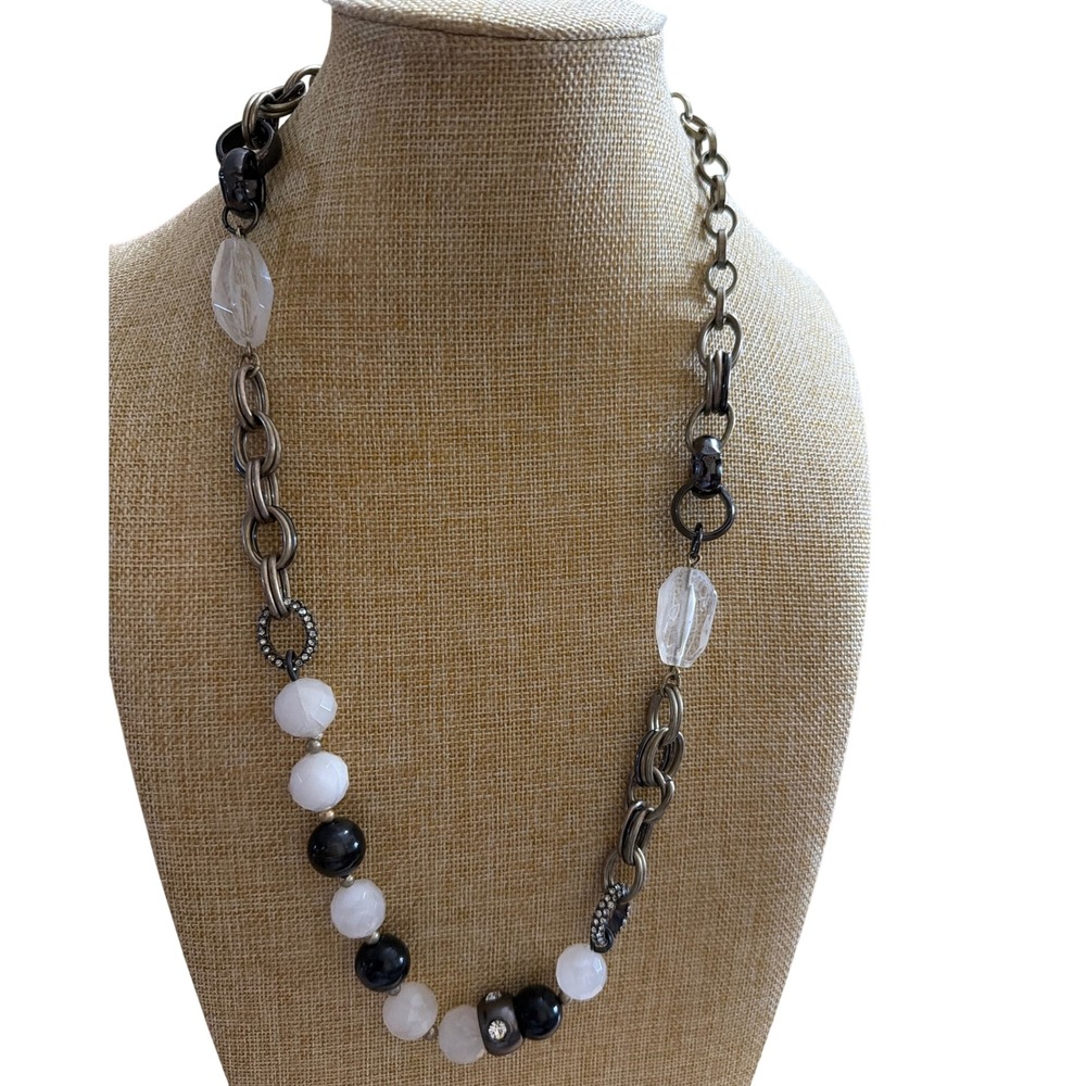 LOFT Statement Necklace Black White Beaded Chunky‎ Antique Gold Chain Rhinestone
